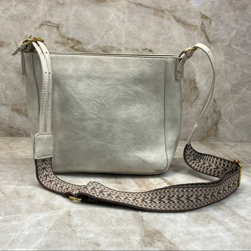 Women’s Cream Leather Crossbody Bag with Guitar Strap